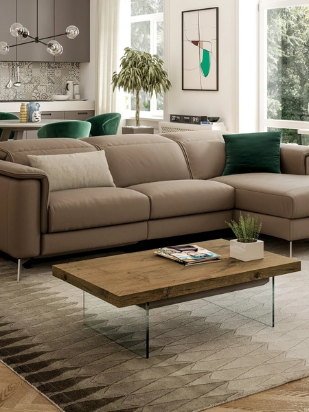 Tavolino trasformabile Lugano con top finitura Eco Legno Vecchio Antico e base in cristallo di Easyline