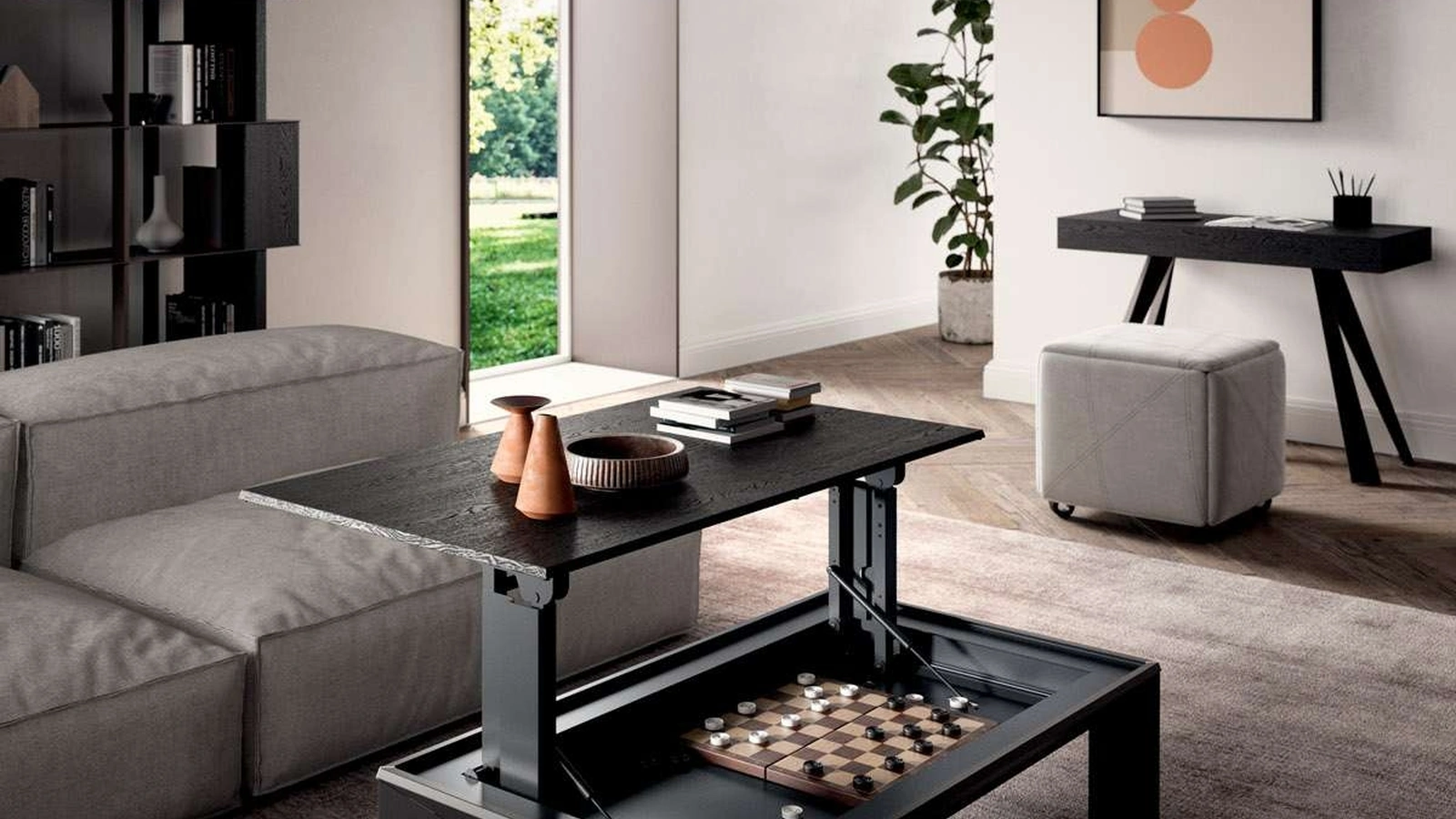 Tavolino multifunzione Metrino in legno e metallo trasformabile a due altezze con vano contenitore sotto il piano di Ozzio