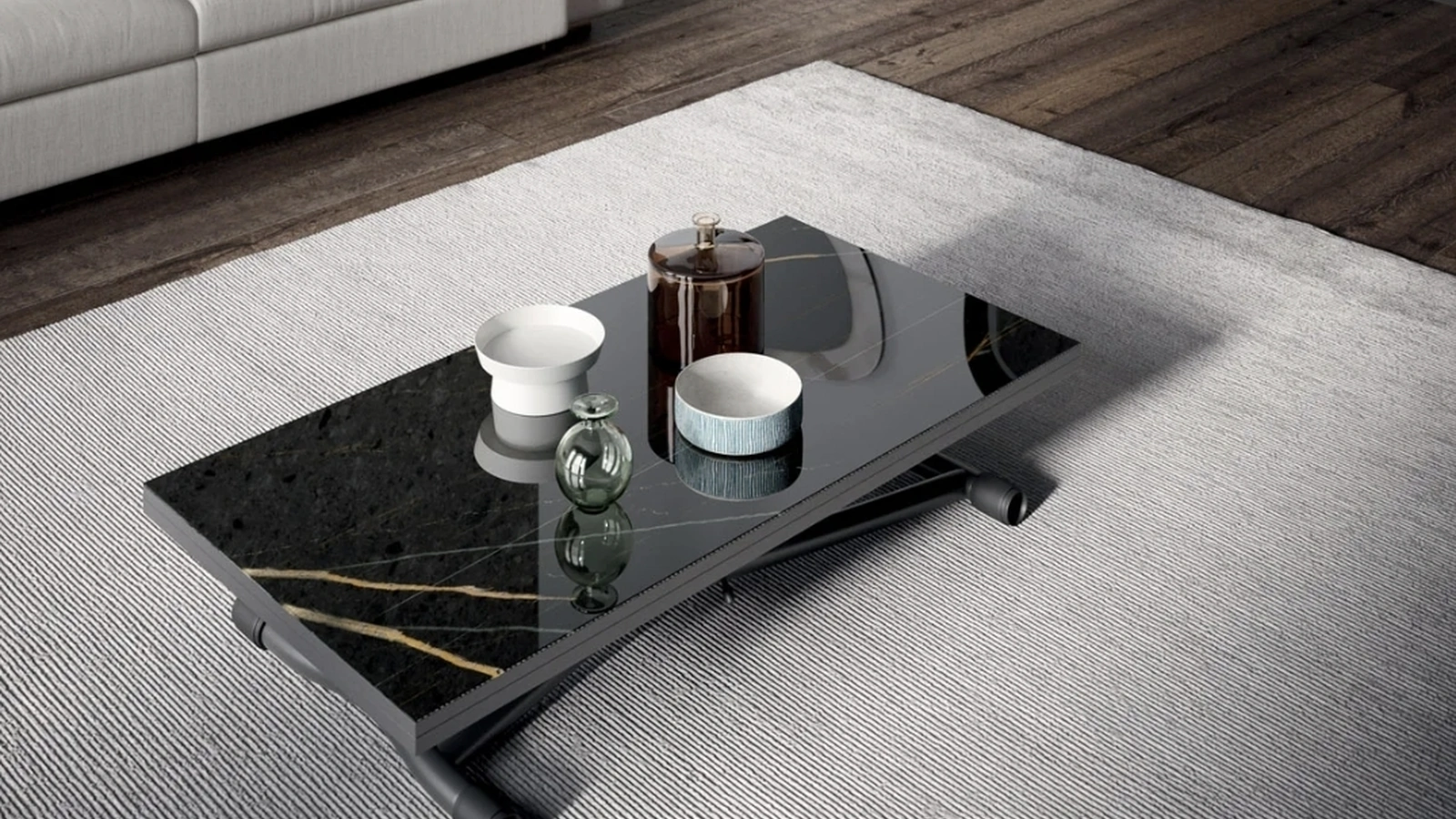 Tavolino Trasformabile in tavolo Sydney CR Marble Glass Sahara Noir Lucido di Ozzio