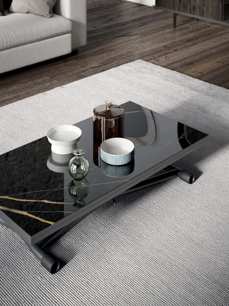 Tavolino Trasformabile in tavolo Sydney CR Marble Glass Sahara Noir Lucido di Ozzio