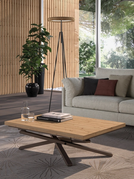 Tavolino trasformabile Shazam con top finitura Ecolegno Vecchio Antico e base in metallo di Easyline