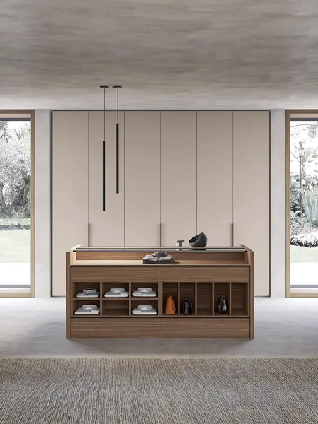 Armadio Atelier a vista con ante Crystal in vetro oppure con anta Low in laccato finitura Canapa di Adok