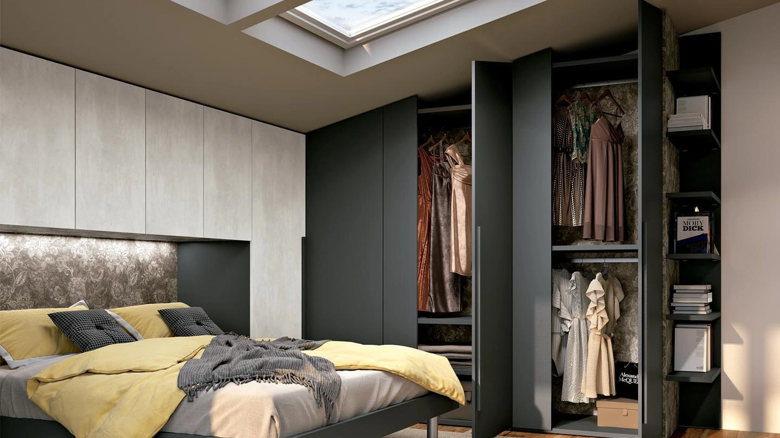 Armadio mansardato su misura e armadio a ponte con schienale in finitura pelle Composizione 07 di Ferrimobili