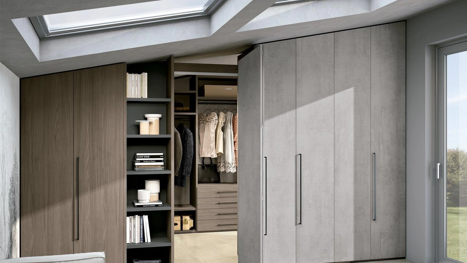 Cabina Armadio Bifacciale in melaminico e materico effetto cemento Composizione 02 di Ferrimobili