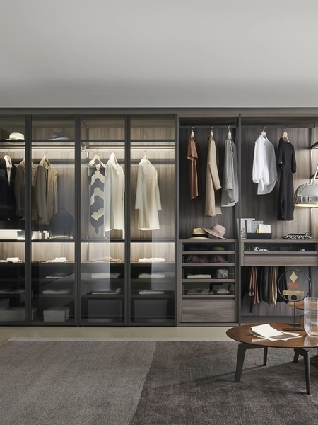 Cabina Armadio Bellavista in melaminico effetto legno e ante battenti in vetro di Sangiacomo