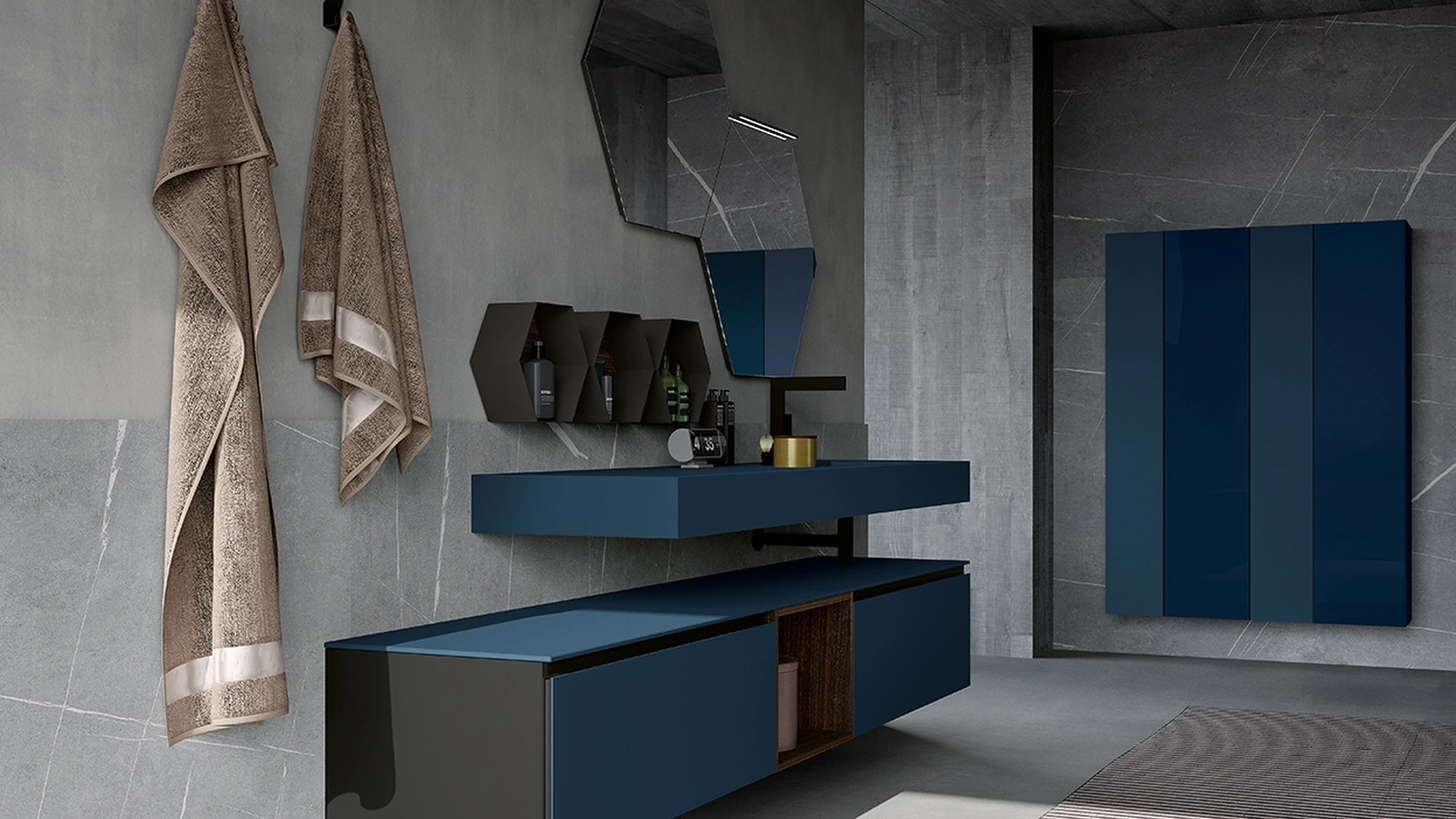 Mobile da Bagno sospeso in vetro acidato Oltremare Modulo 06 di Archeda