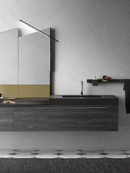 Mobile da Bagno sospeso Side 06 in melaminico e top in fenix nero con vasca integrata di Archeda