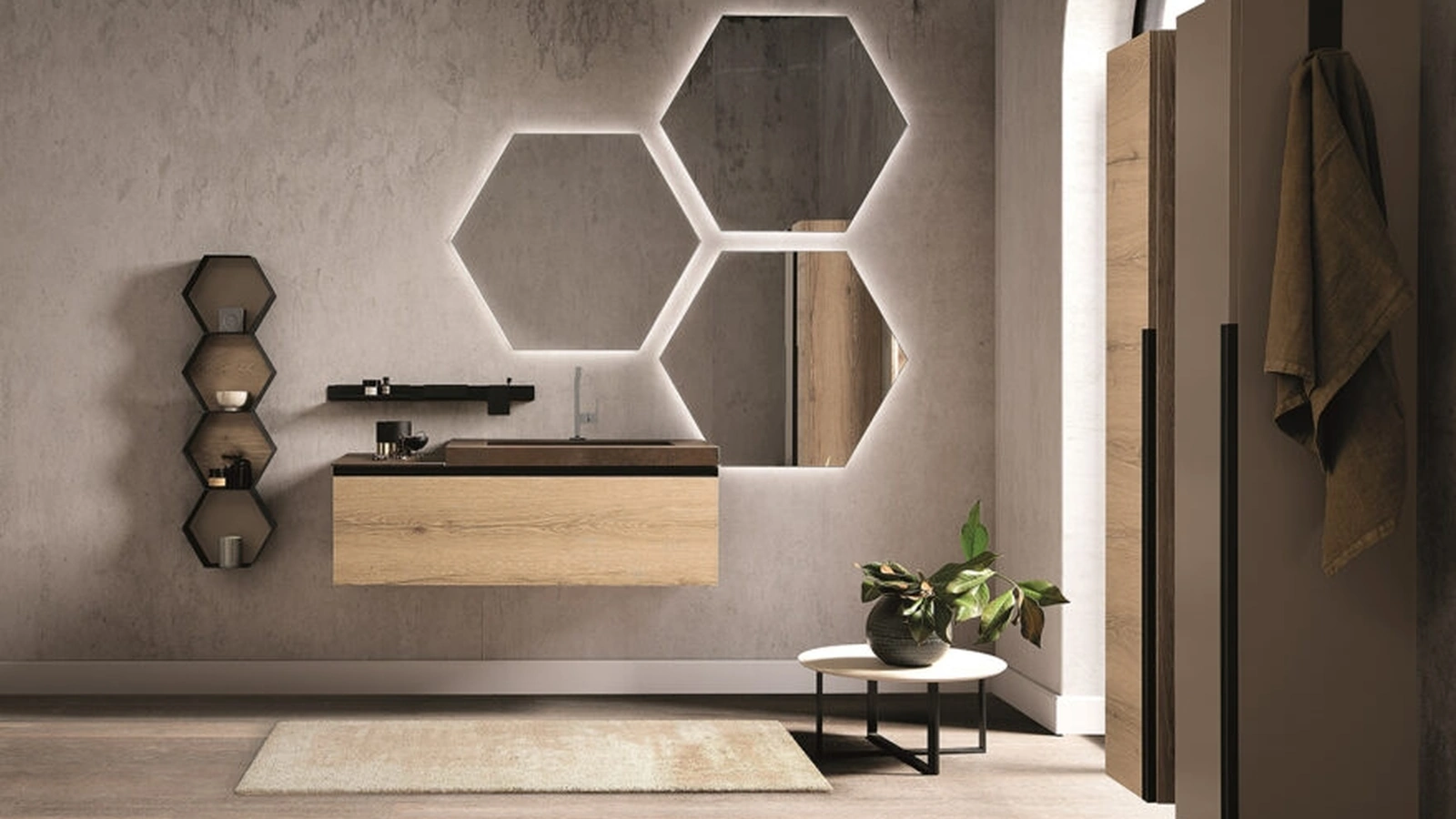 Mobile da Bagno Side 04 in melaminico rovere e top in gres con vasca intregrata di Archeda
