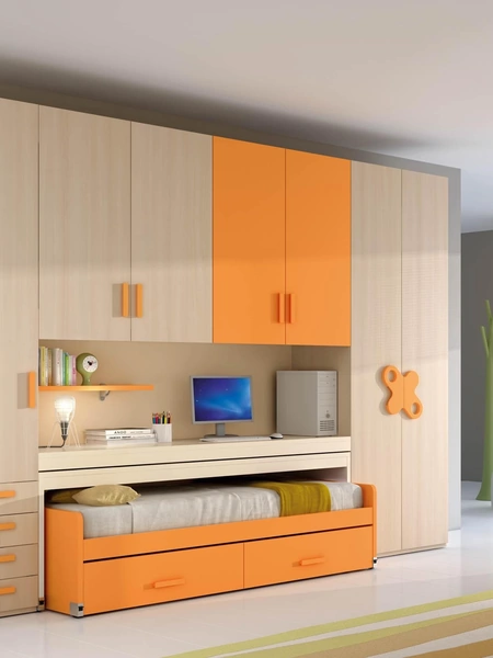 Cameretta per Ragazzi 606 salvaspazio con armadio a ponte e letto estraibile da sotto la scrivania di Ferrimobili