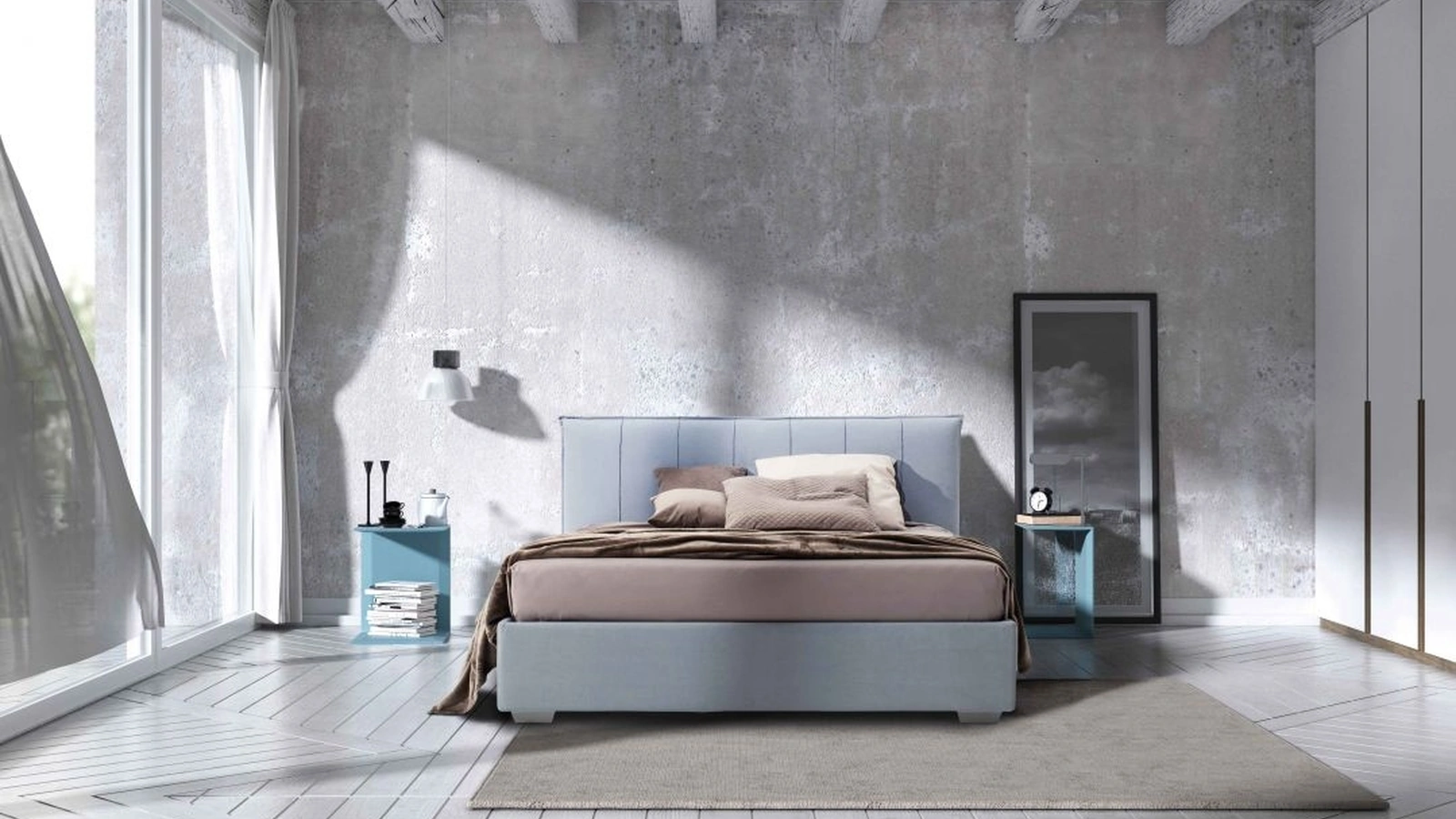 Letto matrimoniale in tessuto con testiera e contenitore Segno di Confort Line