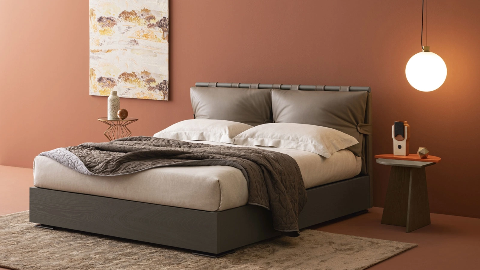Letto con box contenitore Dual Legno con testiera in pelle di Oggioni