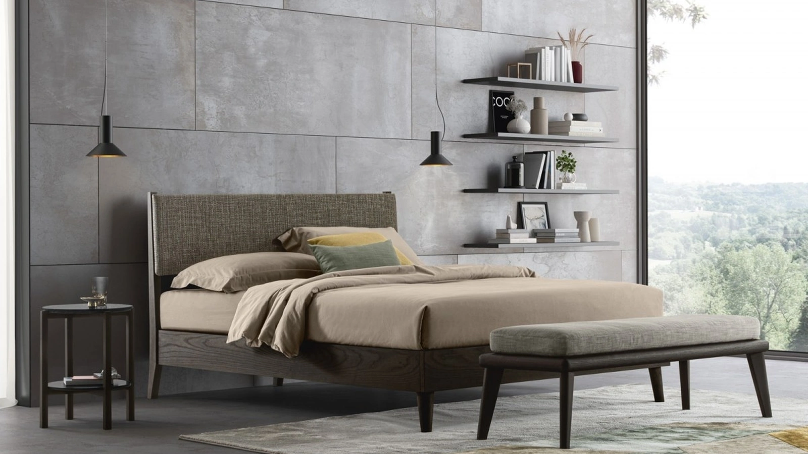 Letto in legno con testiera in tessuto e box contenitore Orimento di Oggioni