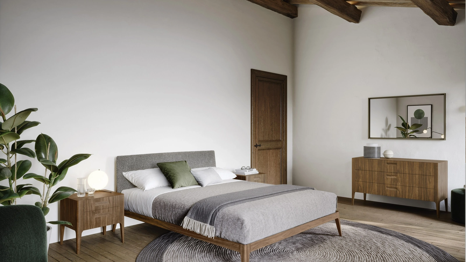 Letto in legno impiallacciato con testiera rivestita in tessuto Siri di Novamobili