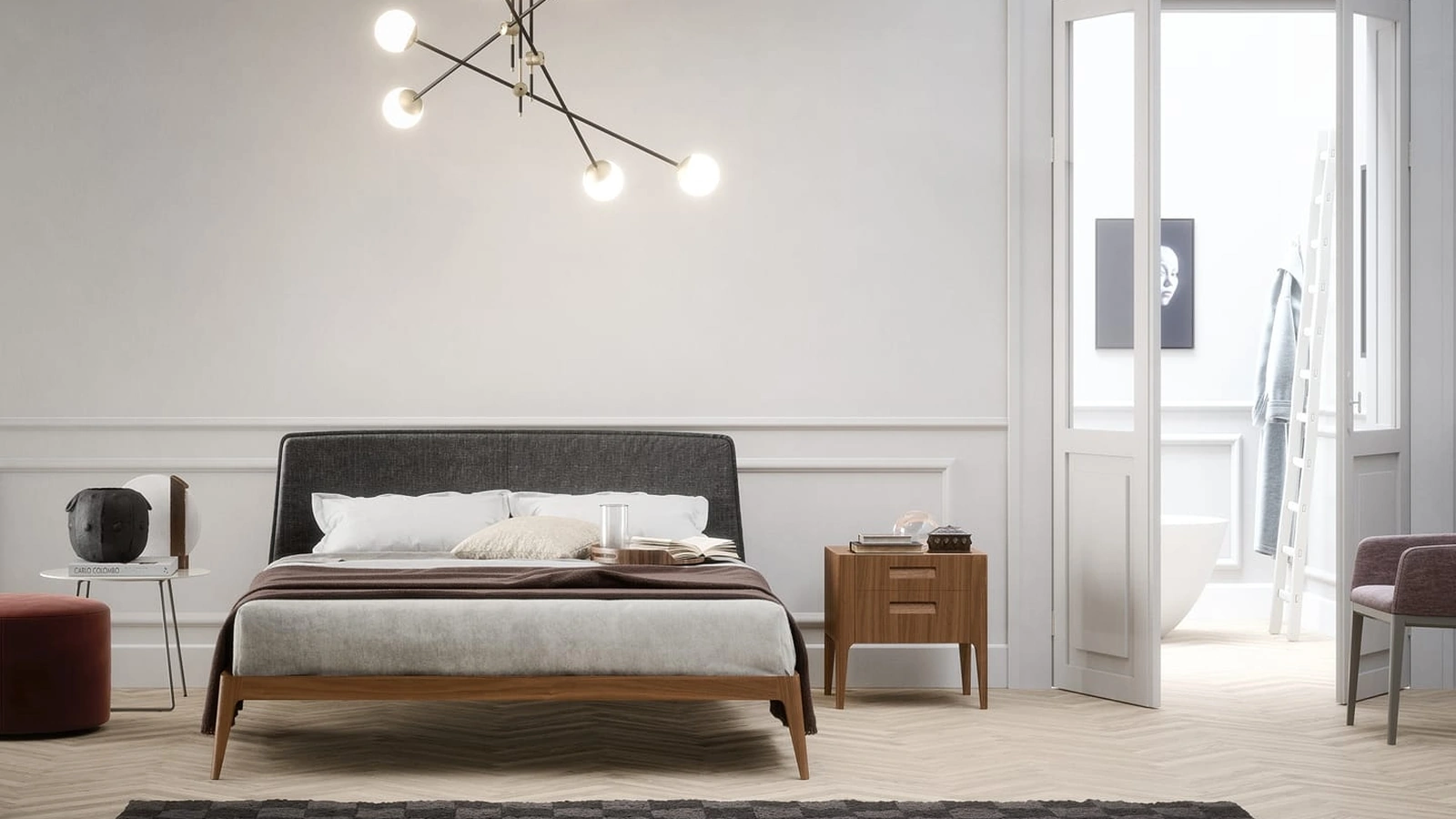 Letto in legno impiallacciato con testiera rivestita in tessuto Siri di Novamobili