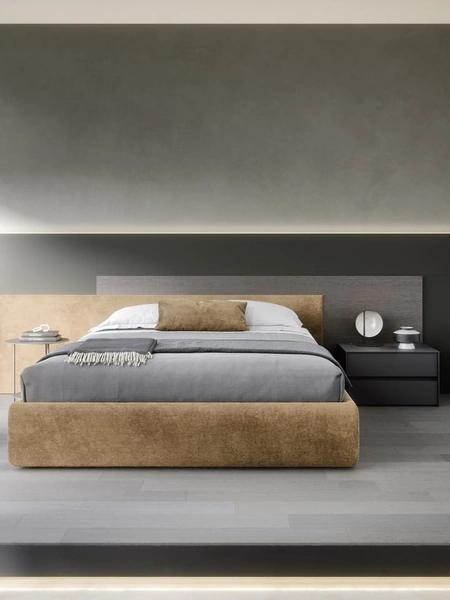 Letto con contenitore Testiera Time in tessuto imbottito e legno di Novamobili