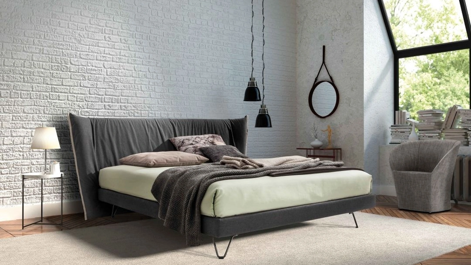 Letto con testiera avvolgente in tessuto imbottito Volo di Confort Line