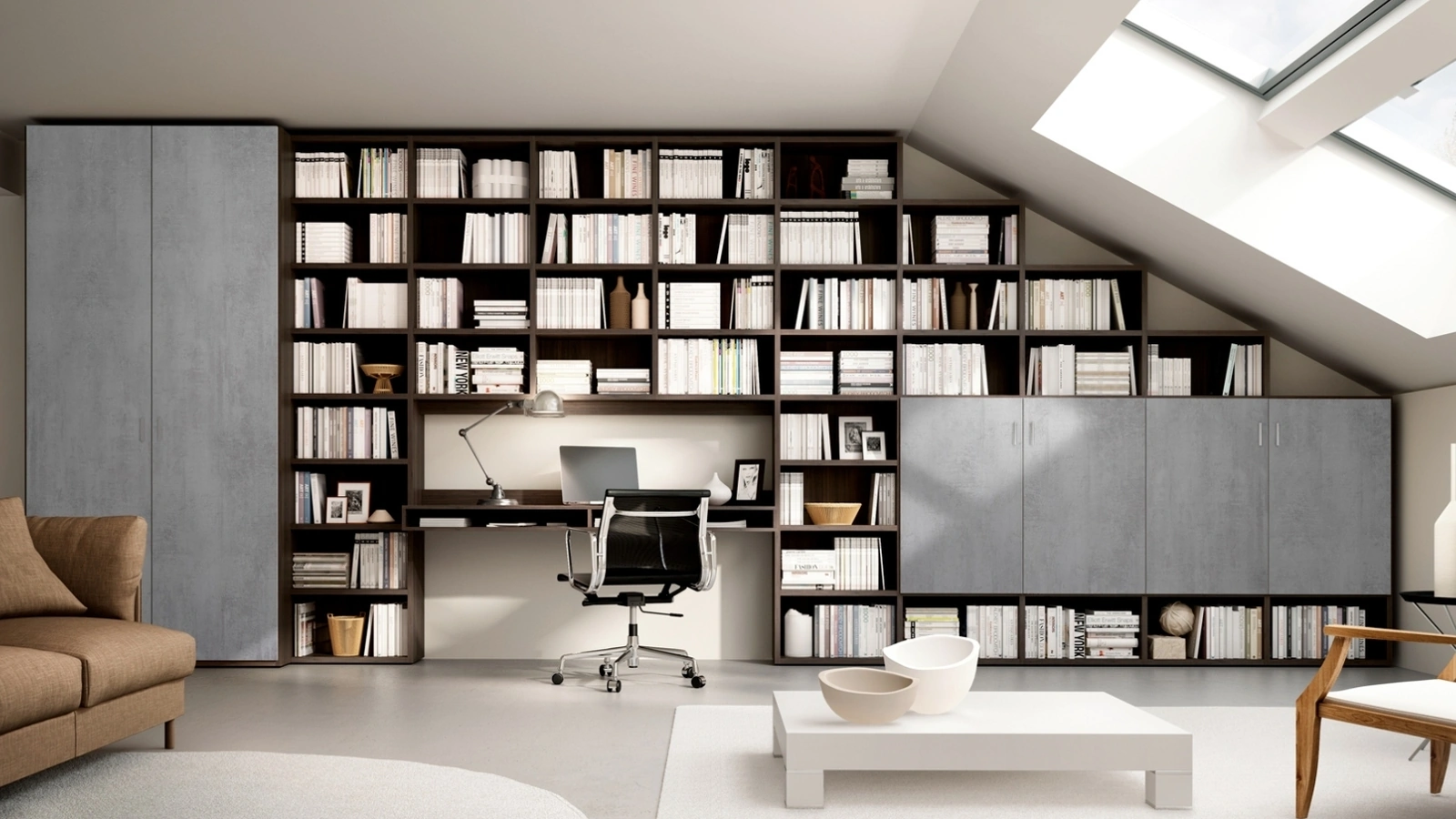 Libreria componibile a muro su misura Living 72D composta da vani a giorno e ante in materico finitura cemento di Ferrimobili