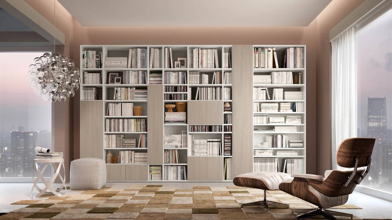 Libreria a muro living 75D composta da ante e vani a giorno di Ferrimobili