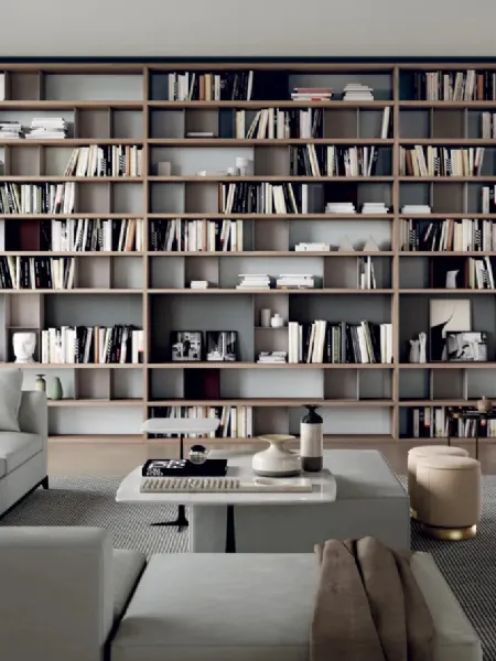 Libreria modulare Line Up 03 in nobilitato noce con box in metallo laccato opaco di Dielle Modus