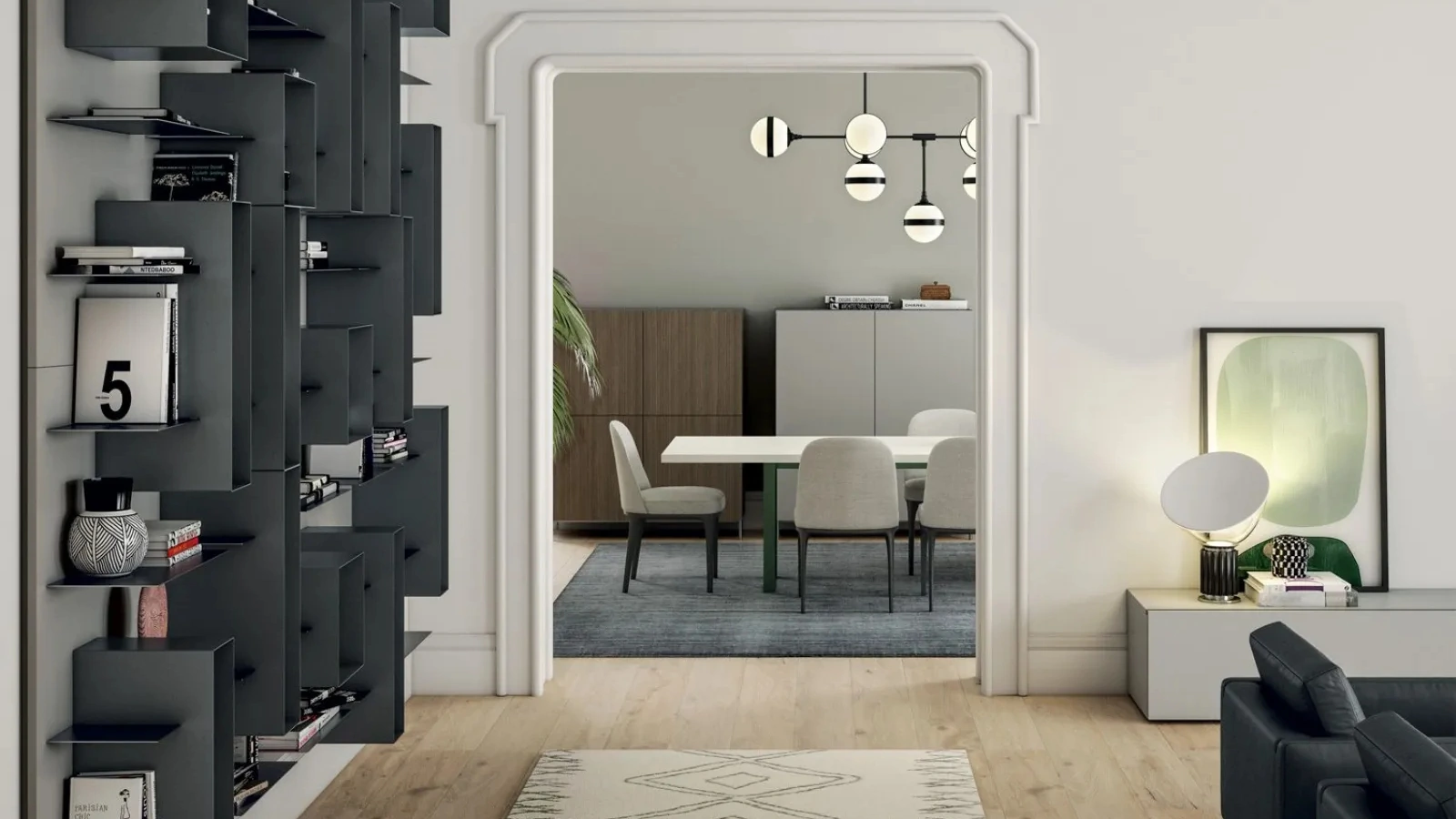 Libreria sospesa con mensole e box in metallo laccato Line Up 07 di Dielle Modus