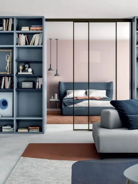 Libreria Line Up 19 a muro in laccato opaco pioggia e oceano di Dielle Modus