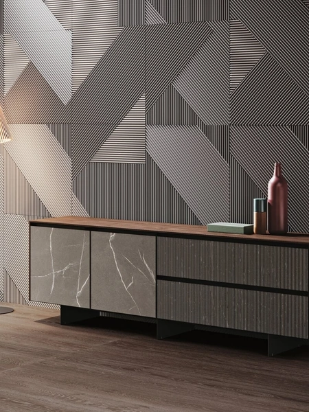 Madia con top in finitura legno Noce Canaletto e ante in gres finitura pietra piasentina di Binova