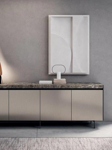 Madia Bluna Tech in finitura alluminio champagne e top in gres di Binova