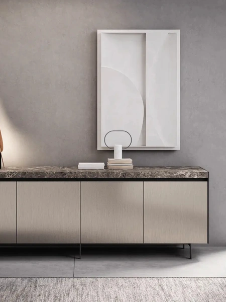 Madia Bluna Tech in finitura alluminio champagne e top in gres di Binova
