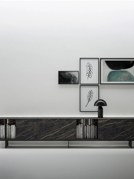 Madia con piede 180 in gres porcellanato effetto marmo di Caccaro