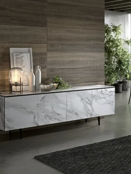 Madia moderna in ceramica Calacatta effetto marmo Armor di Ozzio