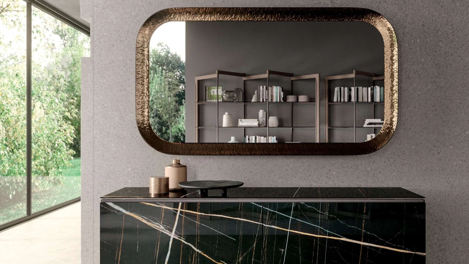 Madia moderna in marble glass Sahara Noir lucido con piedini in metallo Plana di Ozzio