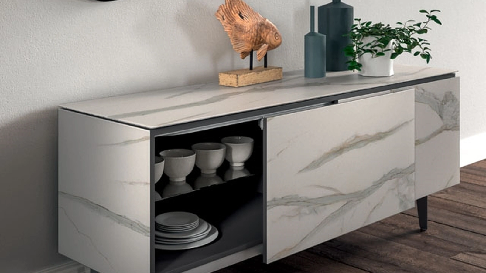 Madia moderna in marble glass Calacatta Gold lucido con piedini in metallo Plana di Ozzio