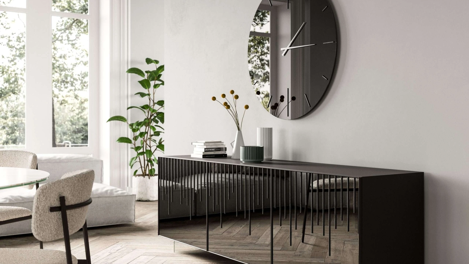 Madia Rain a tre ante in vetro con listelli in legno di Ozzio