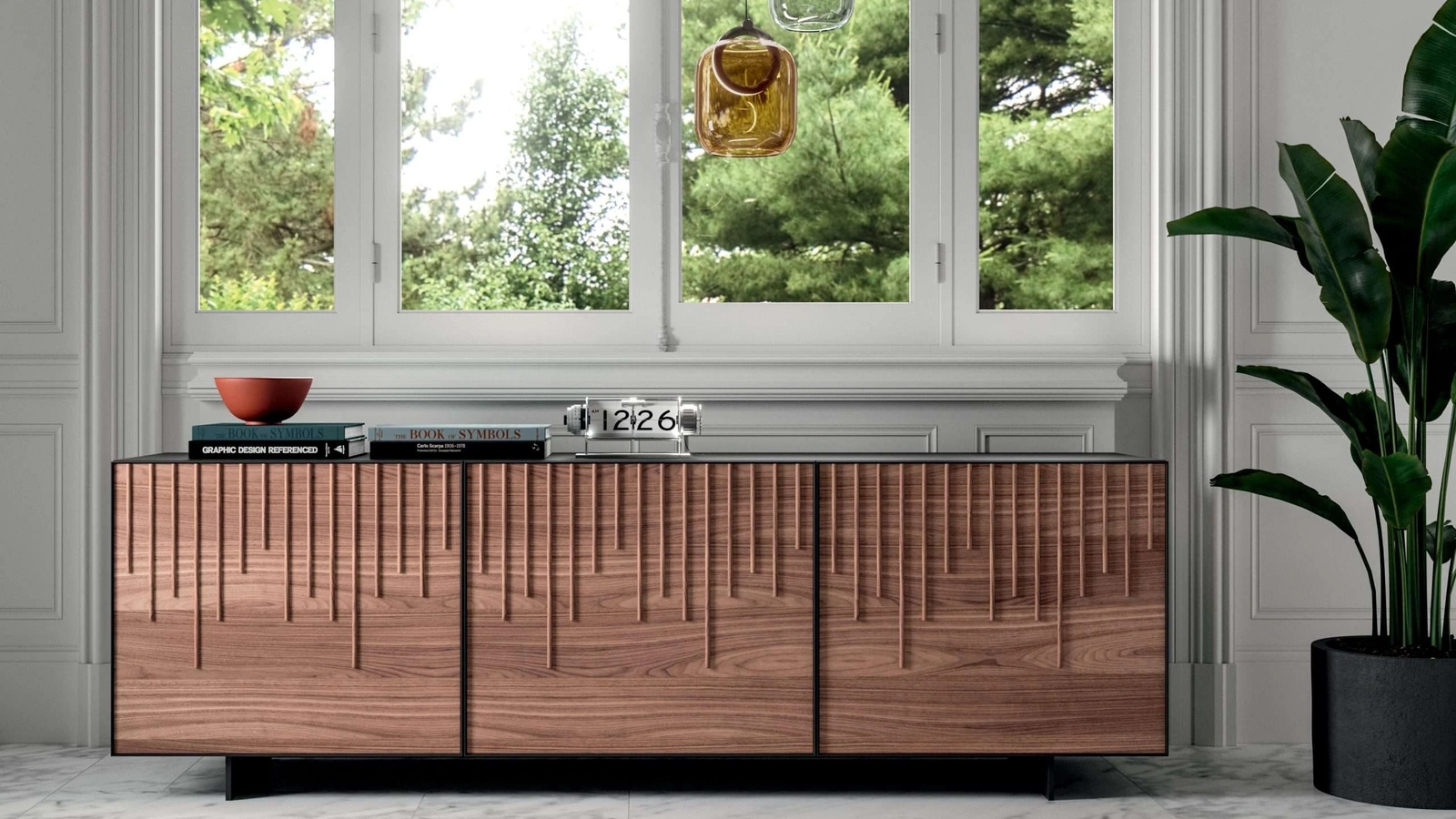 Madia Rain Wood a tre ante rivestita in legno con una cascata di listelli sempre in legno di Ozzio