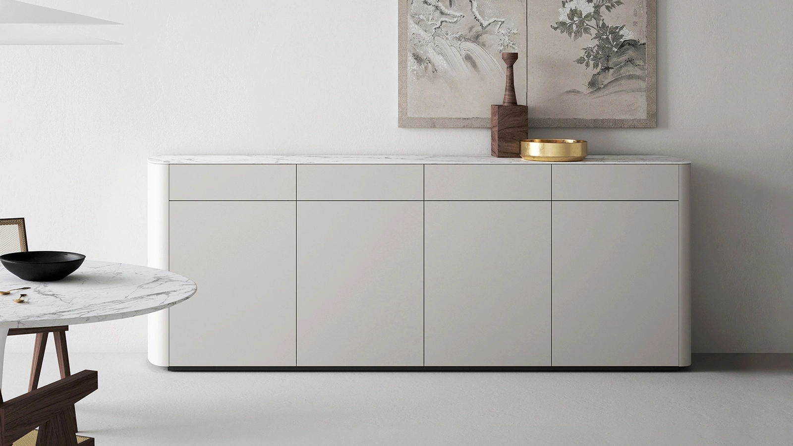 Madia con fianchi tondi in laccato opaco rugiada con top in gres porcellanato effetto marmo Side di Caccaro