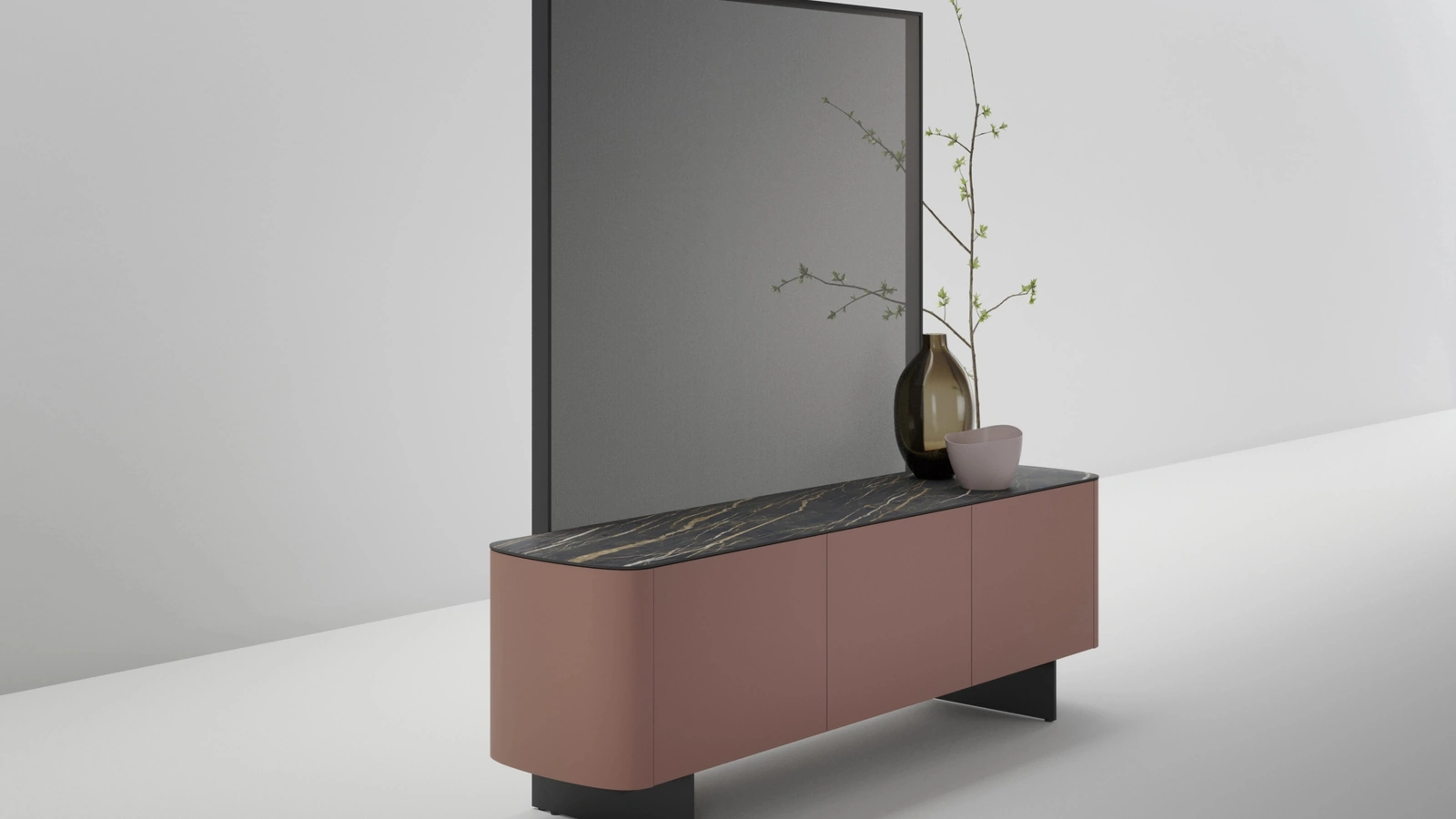 Madia con separè Side View in laccato opaco con top in gres di Caccaro