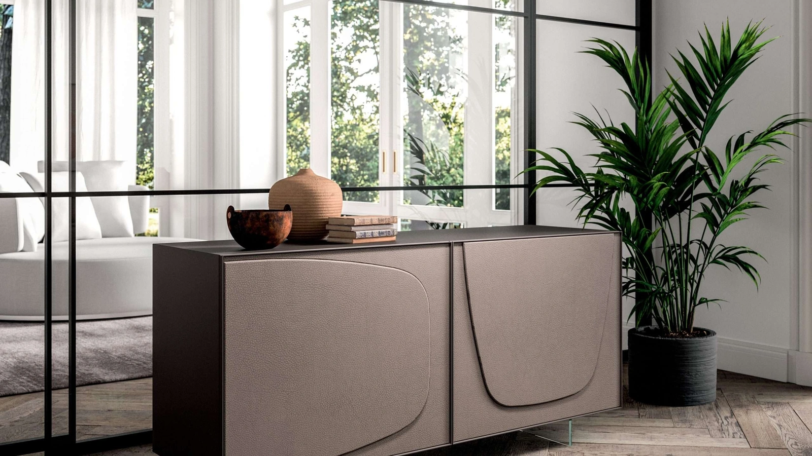 Madia Trilogy Duo a due ante rivestite in pelle Moka di Ozzio