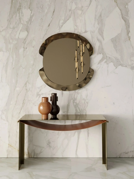 Mobile ingresso Consolle Piper in acciaio con ripiano in cuoio di Bontempi