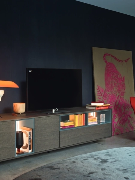 Mobile Porta Tv Lampo Open con riquadro 41 in Rovere Grigio e laccato opaco di Sangiacomo