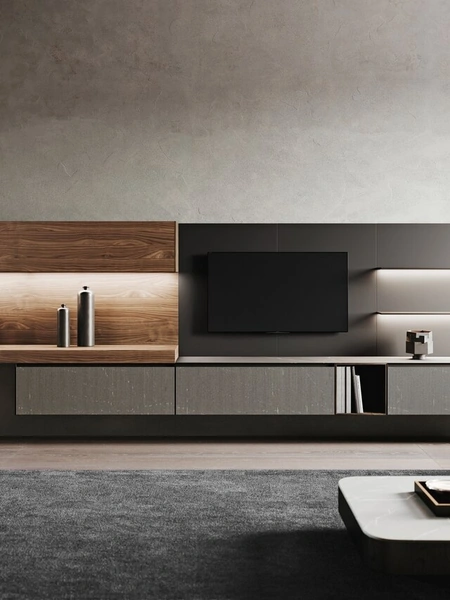 Parete Attrezzata in legno Noce Canaletto e finitura gres inside pietra piasentina grigia fiammata di Binova