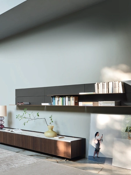 Parete Attrezzata Base Cabaret 5A in Rovere termotrattato e top in ceramica di Sangiacomo