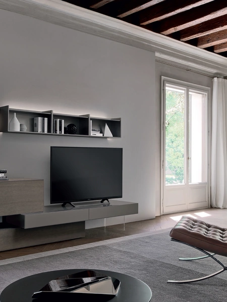 Parete Attrezzata Base Domino IN3 19N in Rovere grigio e laccato opaco di Sangiacomo