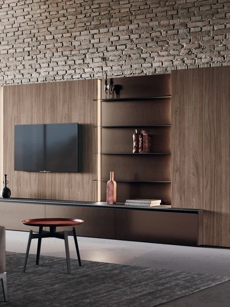 Parete Attrezzata in alluminio brunito, gres e bilaminato noce Lab di Binova