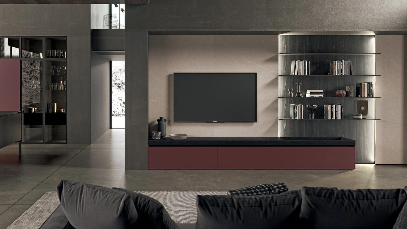 Parete Attrezzata in laminato fenix rosso jaipur e bilaminato finitura Rovere Terranera Regula di Binova