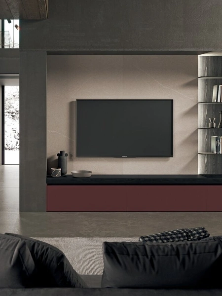 Parete Attrezzata in laminato fenix rosso jaipur e bilaminato finitura Rovere Terranera Regula di Binova