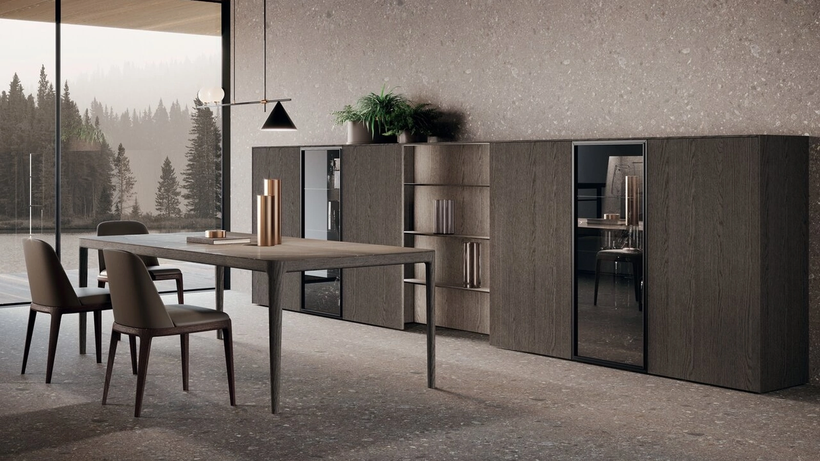 Parete Attrezzata Bluna Legno 02 in rovere grigio e vetro di Binova