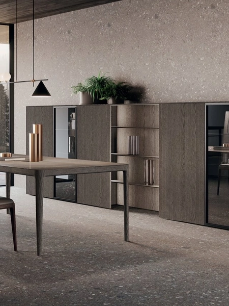 Parete Attrezzata Bluna Legno 02 in rovere grigio e vetro di Binova