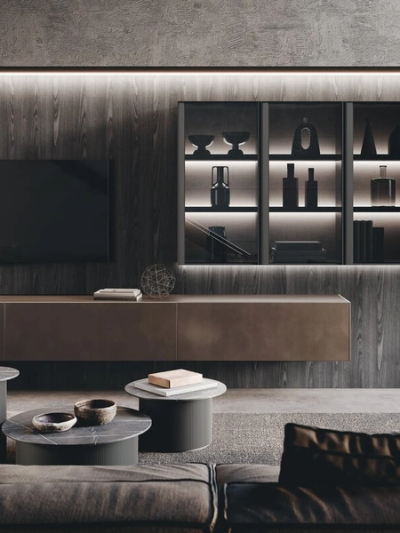 Parete Attrezzata in laccato metal Bronzo e pensile con ante in vetro fumè Bluna Metal di Binova