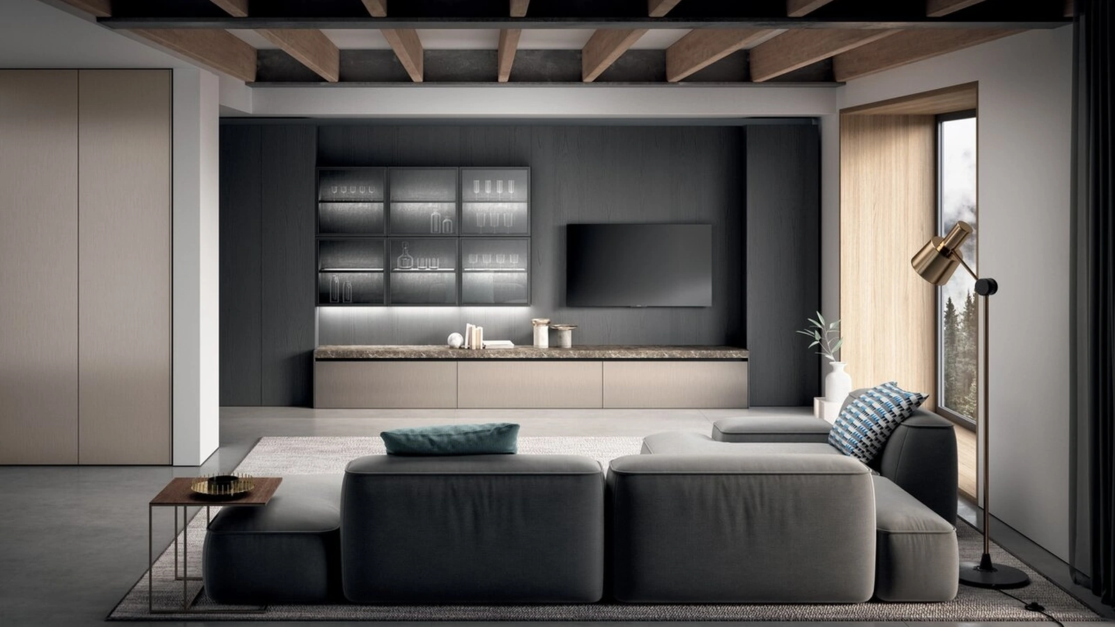 Parete Attrezzata Bluna Tech in MDF finitura alluminio champagne, gres e vetro di Binova