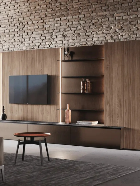 Parete Attrezzata Bluna Tech in finitura alluminio brunito e legno di Binova